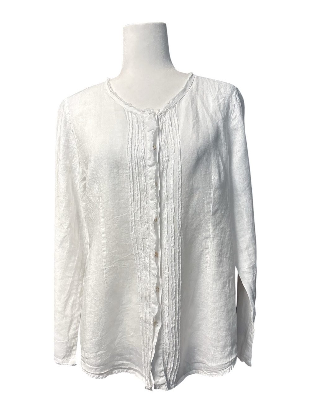 Eileen Fisher 100% Irish Linen White Pintuck Button Front Blouse Size L